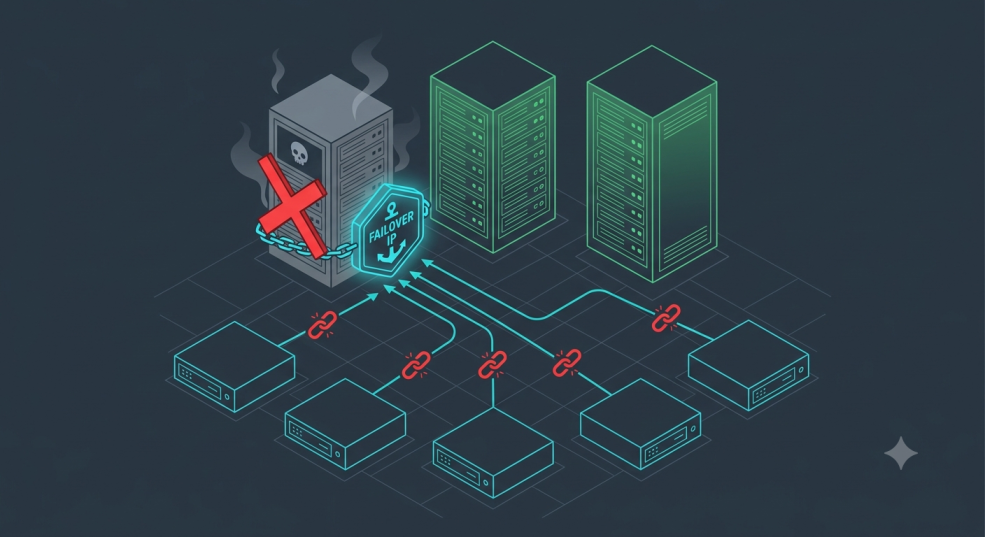 The Failover IP stayed chained to the dead control-plane node while two healthy masters sat idle, so every worker kubelet kept routing to a node that could not answer.