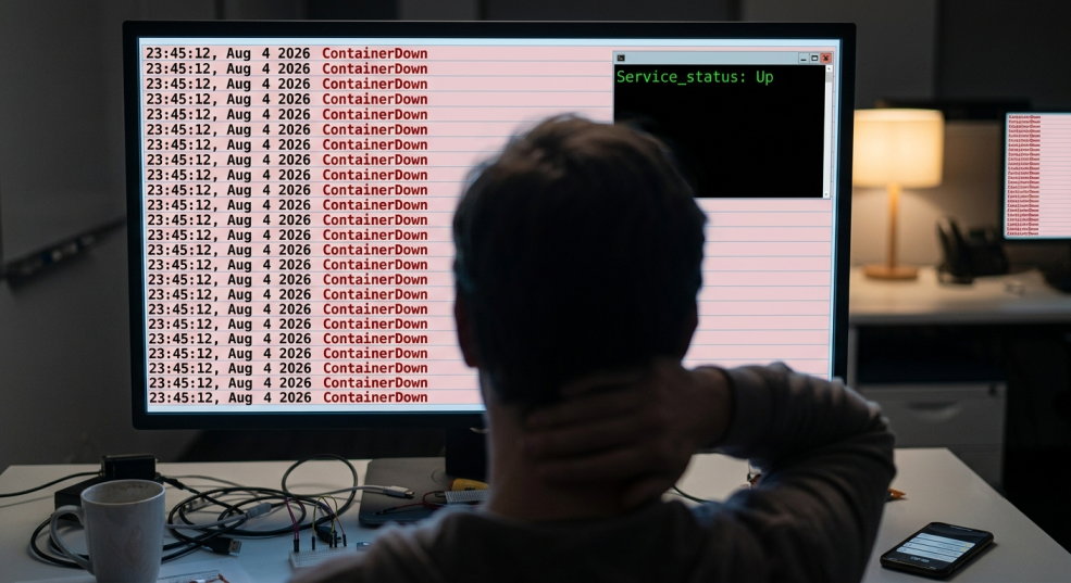 An engineer at a dark desk late at night, one hand on the back of their neck, facing a screen filled with identical repeating ContainerDown alerts while a terminal window beside them reports the service status as Up.