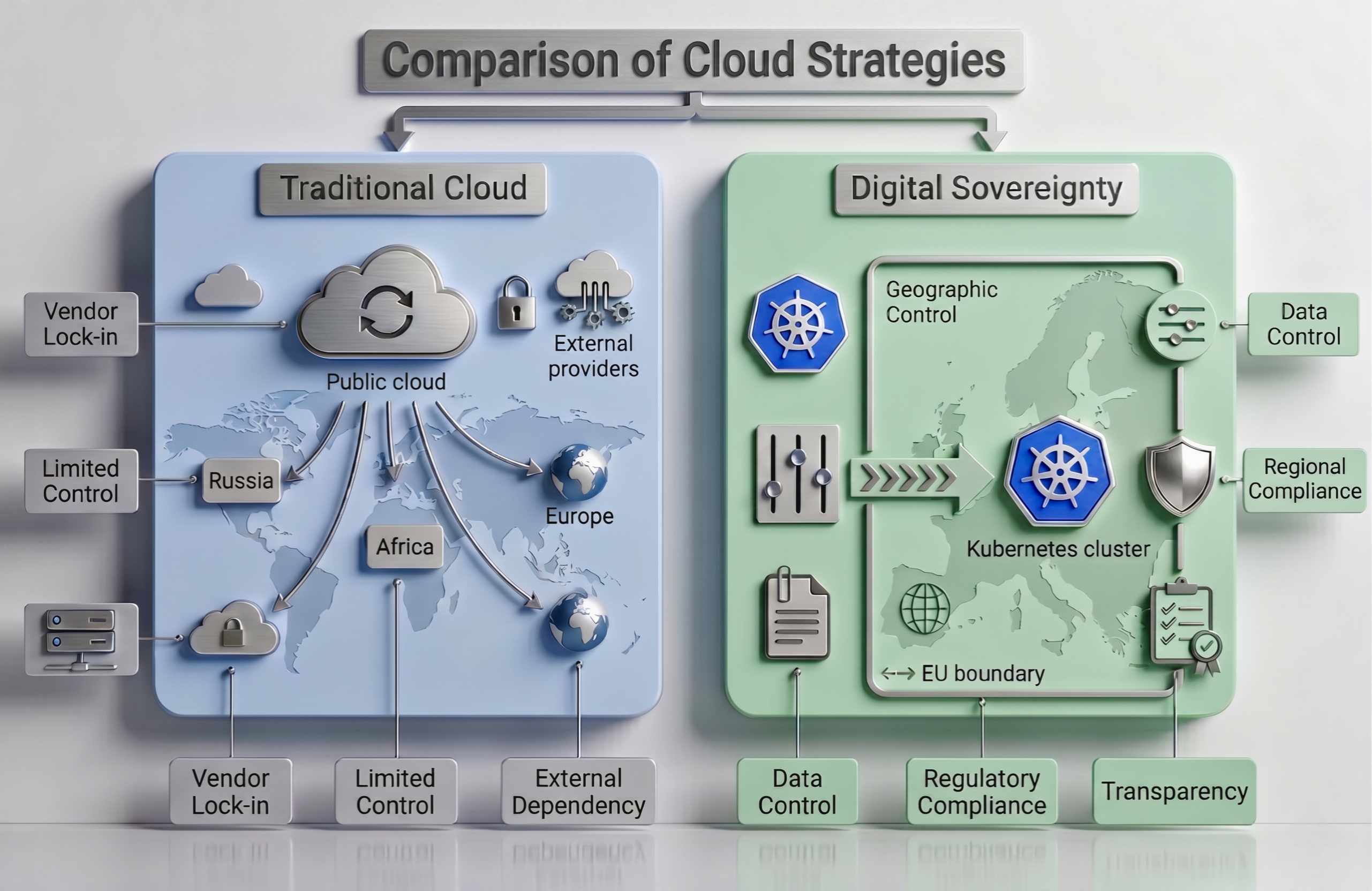 A 3D comparison diagram between Traditional Cloud and Digital Sovereignty. The left side shows vendor lock-in and external dependencies, while the right side illustrates a sovereign Kubernetes cluster within an EU boundary focusing on geographic and data control.