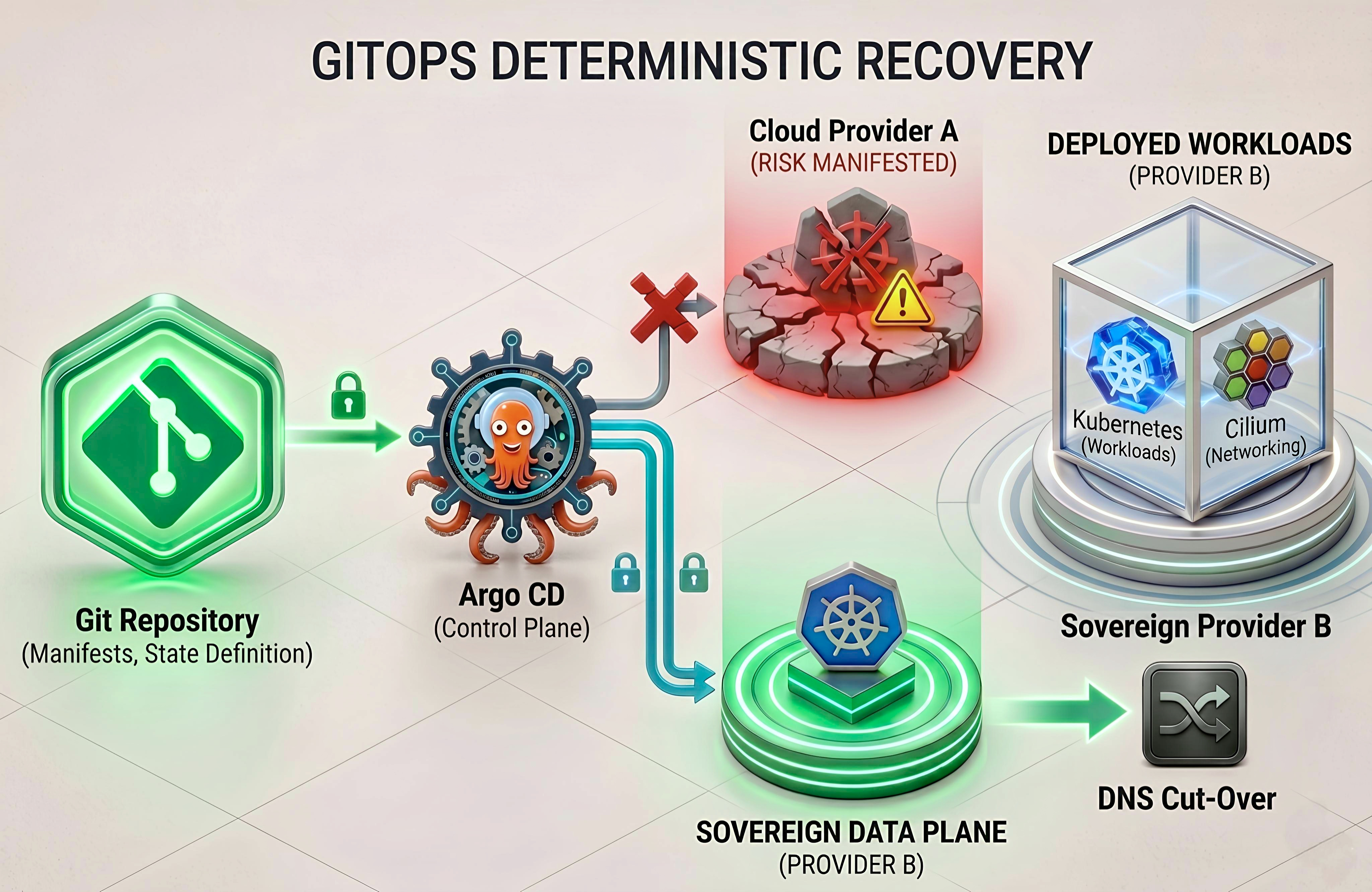 A workflow diagram for GitOps Deterministic Recovery. It visualizes an automated migration from a compromised Cloud Provider A to a Sovereign Provider B, highlighting the use of Argo CD as a control plane to solve for Data Gravity and execute a DNS cut-over.